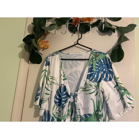 Women’s Tropical Leaf Print Tie Front Kimono Top Blouse Boho Resort Vacation Sz - Picture 9 of 12